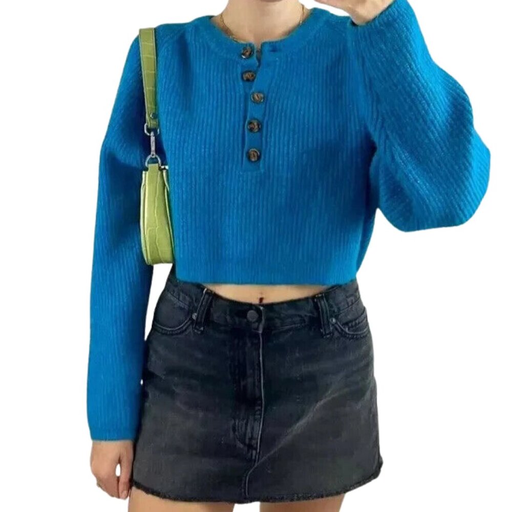 Urban Outfitters BDG Harlow Henley Sweater Sz S Blue Cropped LS Buttons